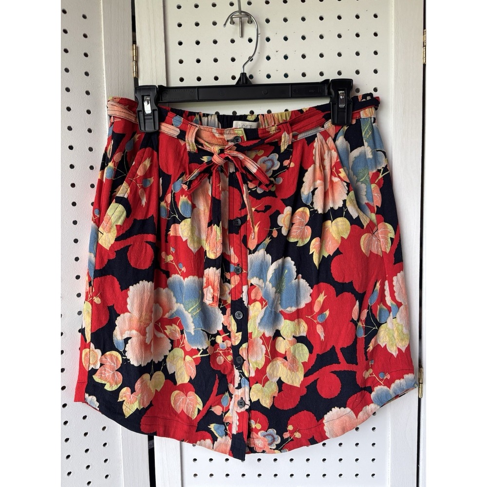 LOFT Size Small Women's Belted Lined Skirt Floral Rayon Pockets Blue Red Peach
